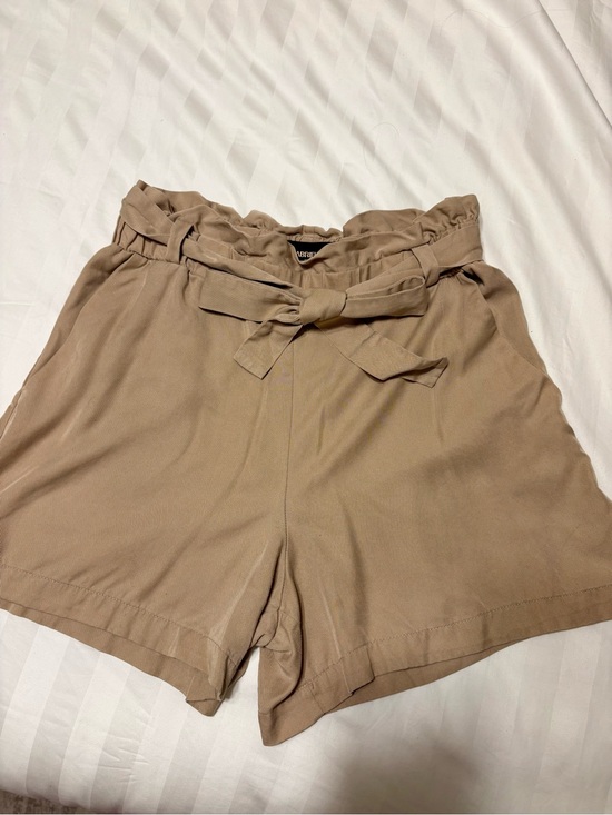 Gabrielle Union Pants - Paperbag High-Waist Tie-Belt Shorts in Taupe